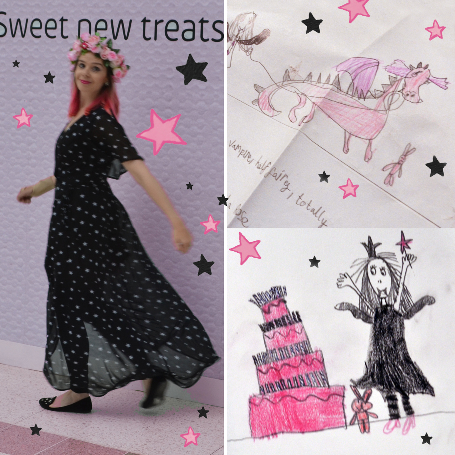 Me swooshing my skirt and Isadora pictures by a fan