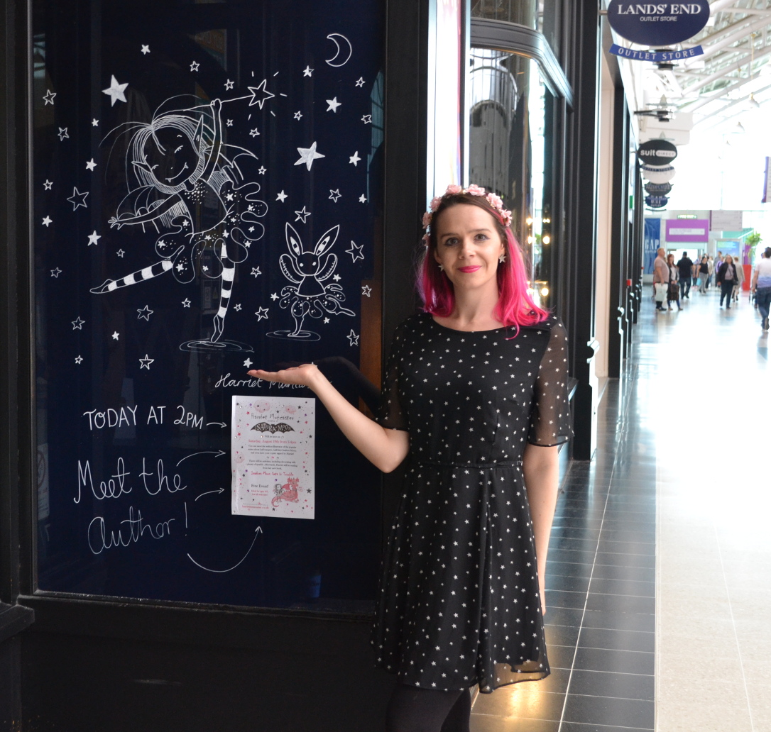 My Isadora Moon picture on the window of Hatfield Waterstones