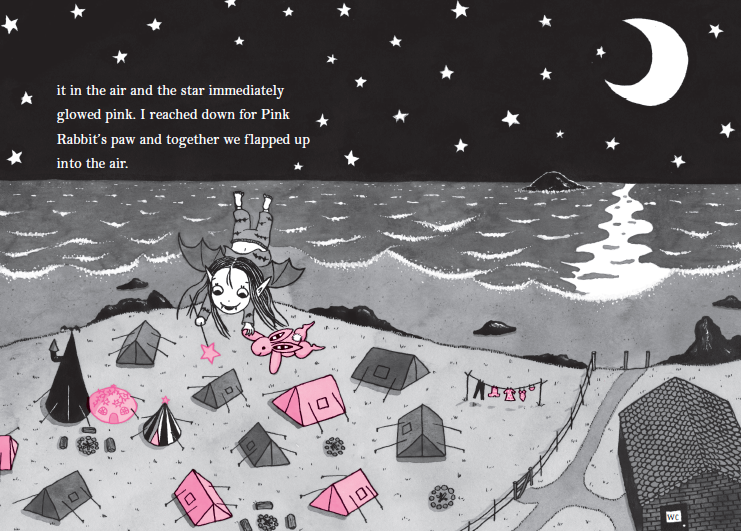 Isadora Moon flying over Mermaid Bay campsite