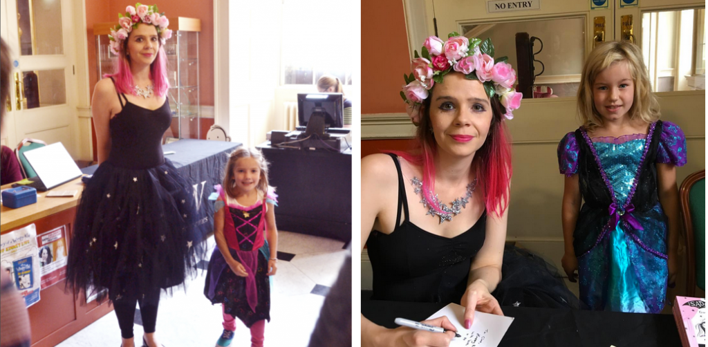 Harriet Muncaster with girls dressed up for Isadora Moon event at Bath Children's Literature Festival