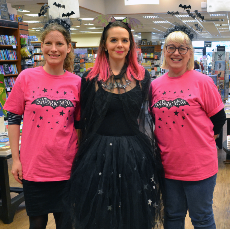 Harriet Muncaster with staff at Waterstones Portsmouth in Isadora Moon t-shirts