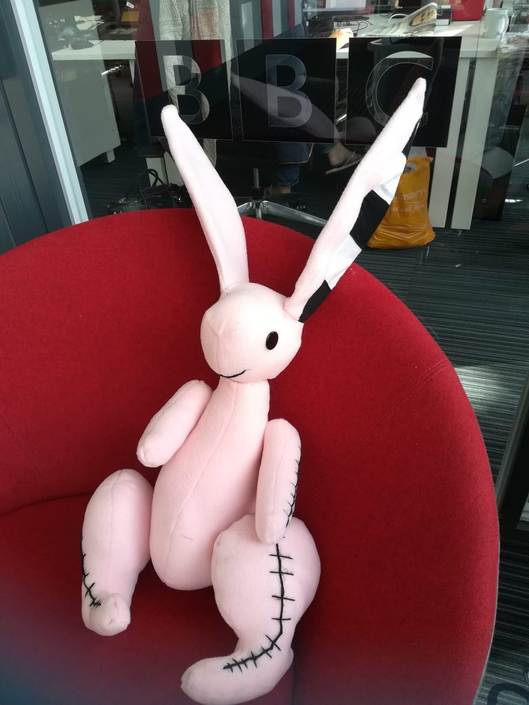 Pink Rabbit from Isadora Moon before BBC Three Counties Radio Interview
