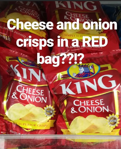 Cheese and onion crisps in red bag