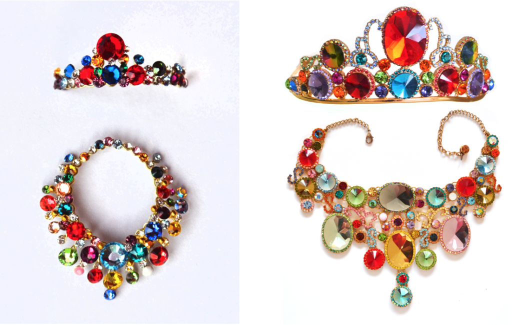 Miniature and full-size multi-coloured tiara and necklace