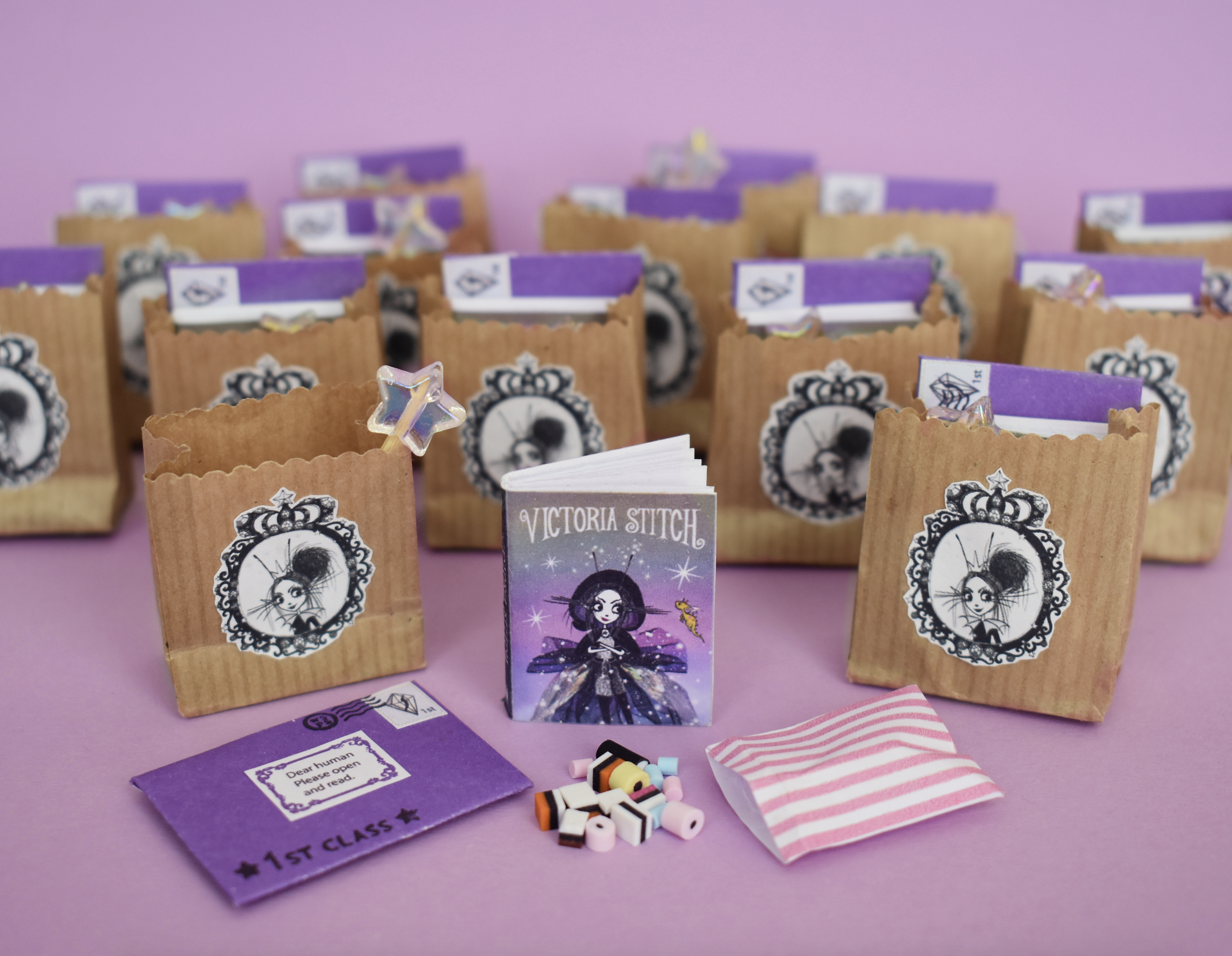 miniature Victoria Stitch Bad and Glittering goody bags Harriet Muncaster
