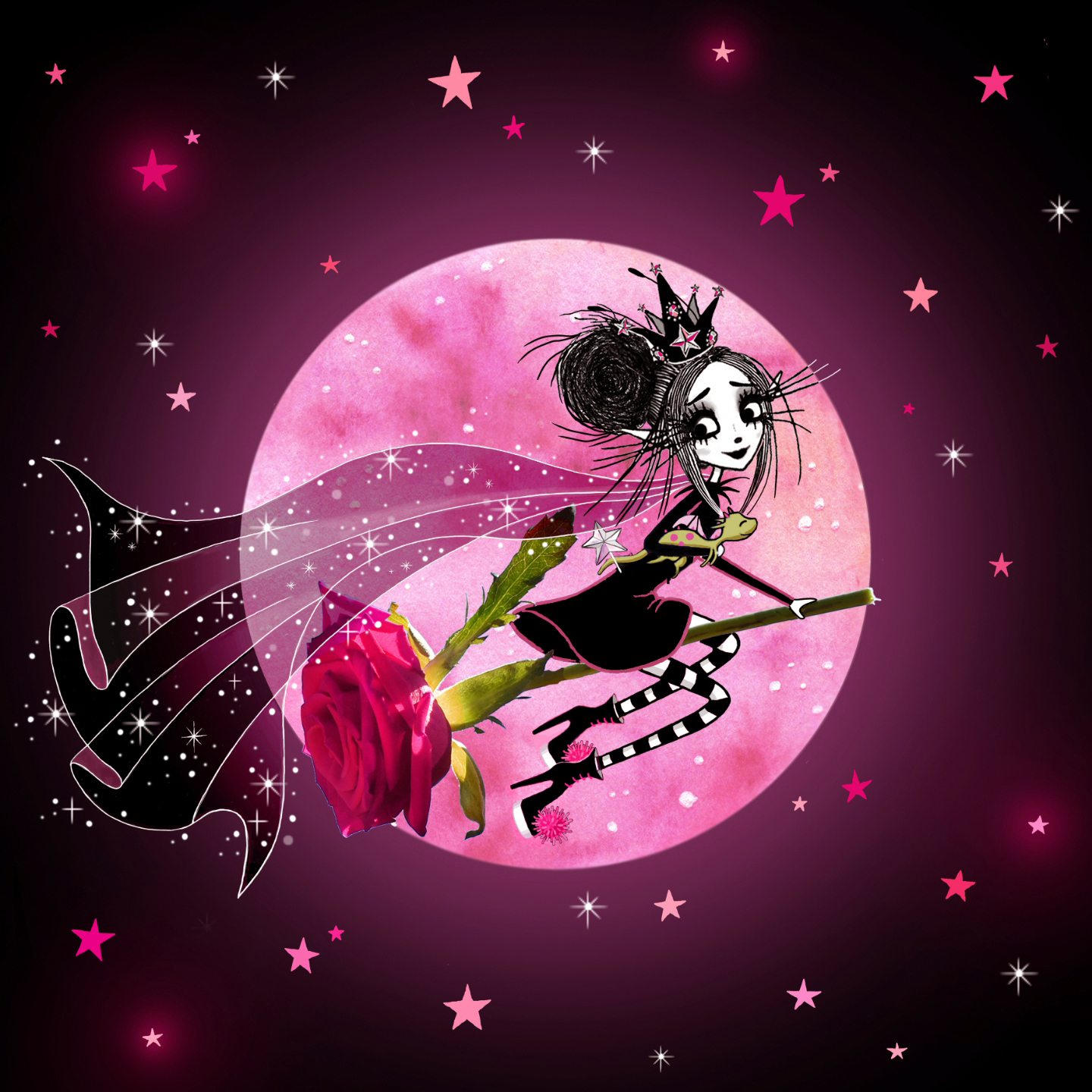 Victoria Stitch flying in front of a cherry pink moon