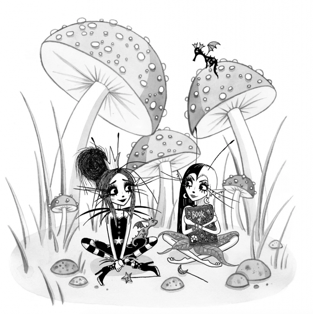 Victoria Stitch and Ursuline under the toadstools by Harriet Muncaster