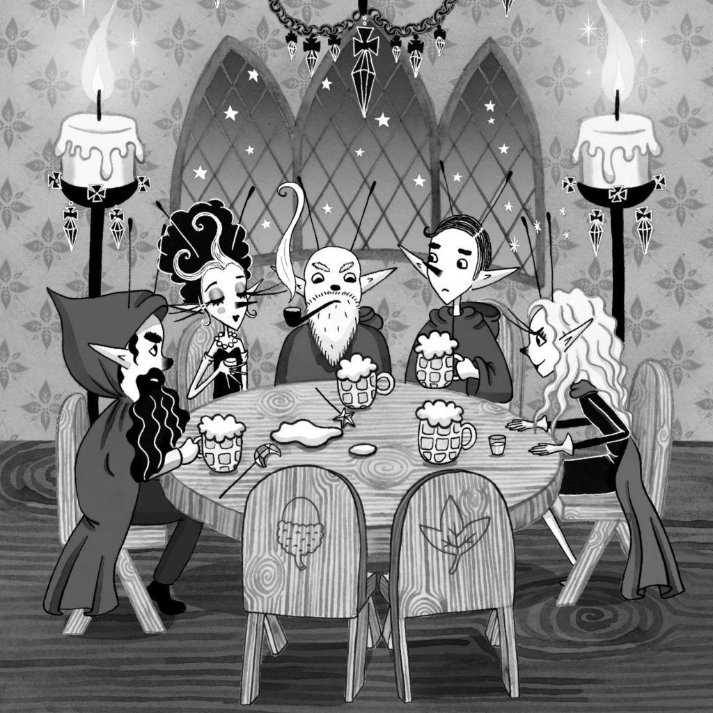 Wiskling plotting in the Twisty Tavern from Victoria Stitch Dark and Sparkling by Harriet Muncaster